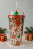 Sevimli Geyikli Kar Tanesi Noel Ağacı Desenli Süslemeli Renkli Pipetli Kupa Bardak Suluk 450ML 2768C thumbnail 3