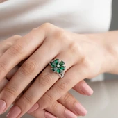 Vaoov 925 Ayar Gümüş Yeşil Taşlı Çiçek Yüzük thumbnail 1