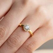 Vaoov 925 Ayar Gümüş Tek Taş Gold Yüzük thumbnail 5