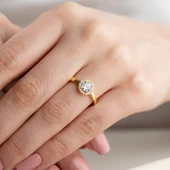 Vaoov 925 Ayar Gümüş Tek Taş Gold Yüzük thumbnail 1