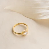 Vaoov 925 Ayar Gümüş Tek Taş Gold Yüzük thumbnail 4