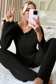 Kadın Siyah Uzun Kollu Fiyonklu Yuvarlak Yaka Mevsimlik Pijama Takımı thumbnail 6
