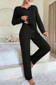 Kadın Siyah Uzun Kollu Fiyonklu Yuvarlak Yaka Mevsimlik Pijama Takımı thumbnail 3