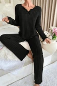 Kadın Siyah Uzun Kollu Fiyonklu Yuvarlak Yaka Mevsimlik Pijama Takımı thumbnail 5