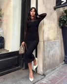 Kadın tül detaylı midi boy yırtmaçlı elbise thumbnail 3