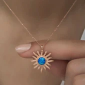 925 Ayar Gümüş Rose Mavi Opal Taşlı Güneş Kadın Kolye thumbnail 4