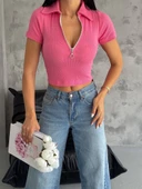 kaşkorse yaka fermuarlı bluz fuşya thumbnail 1