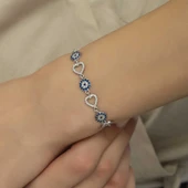 925 Ayar Gümüş Kalpli Nazar Bileklik thumbnail 3