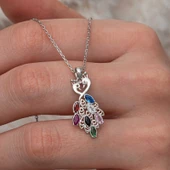 Gümüş Renkli Taşlı Tavus Kuşu Kadın Kolye thumbnail 1