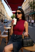 Kadın Bordo Kolsuz Balıkçı Yaka Basic Bluz - 2