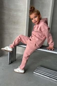 Kız Çocuk Şardonlu İp Detaylı Sweatshirt Pamuklu Pembe Eşofman Takım thumbnail 2