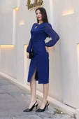 V Yaka Şifon Kollu Yırtmaçlı Midi Elbise 6015-Lacivert thumbnail 5