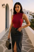 Kadın Bordo Kolsuz Balıkçı Yaka Basic Bluz - 4