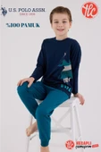 U.S. Polo Assn. Erkek Çocuk Logolu Lacivert %100 Pamuklu Uzun Kollu Paça Lastikli Pijama Takım - 1