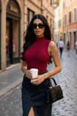 Kadın Bordo Kolsuz Balıkçı Yaka Basic Bluz - 1