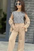Kız Çocuk Leopar Baskılı Kolsuz Badi Leopar Şerit Detaylı Ceket Krem Eşofman Takım thumbnail 2