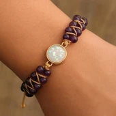 Valkyrie Doğal Ametist Taşlı Opal Merkezli El Yapımı Makrome Bileklik – Ayarlanabilir Kadın Bileklik Pozitif Enerji ve Denge Taşı - 2