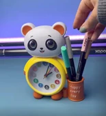 Panda Tasarımlı Saat Kalemlik Kızlar ve Erkekler İçin Yatak Odaları ve Oyun Odaları Saati sarı renk - 1