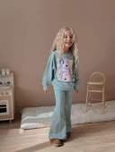 Cg Kids Floral Vibes Baskılı Su Yeşili Kız Çocuk 2 İplik Alt Üst Takım Süper Kalite Kumaş İspanyol Paça - 3