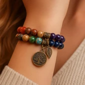 Valkyrie 7 Çakra Doğal Taş Bileklik – Yaşam Ağacı & Yaprak Charm, Meditasyon ve Enerji Dengeleyici Bileklik - 3