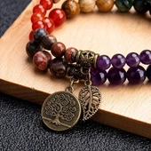 Valkyrie 7 Çakra Doğal Taş Bileklik – Yaşam Ağacı & Yaprak Charm, Meditasyon ve Enerji Dengeleyici Bileklik - 5