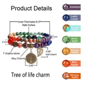 Valkyrie 7 Çakra Doğal Taş Bileklik – Yaşam Ağacı & Yaprak Charm, Meditasyon ve Enerji Dengeleyici Bileklik - 9