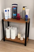 Steel Design 2 Katlı Ahşap ve Metal Banyo Düzenleyici Raf, Lavabo  Çamaşır Makinesi Üstü Çok Amaçlı Organizer Ceviz - 2