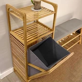 2 Organizer Raflı Ahşap Bambu Çek-Aç Kirli Sepeti - 5