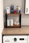 Steel Design 2 Katlı Ahşap ve Metal Banyo Düzenleyici Raf, Lavabo  Çamaşır Makinesi Üstü Çok Amaçlı Organizer Ceviz - 4
