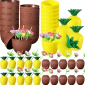 Tropikal Parti Bardak Seti – Ananas ve Hindistan Cevizi Şekilli Pipetli Bardaklar (20 Adet) - 2