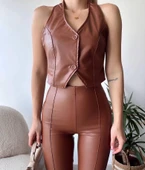 İki düğmeli deri yelek kahve s243001 thumbnail 1