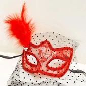 pilelistore Kırmızı Renk Dantelli Duvaklı Parti Maskesi Balo - 1