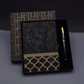 pilelistore Gold Desen Siyah Deri Defter Kalem Set thumbnail 1