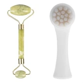 2li Set Çift Taraflı Cilt Temizleme Fırçası ve Yeşim Taşı Çift Taraflı Cilt Masaj Aleti thumbnail 1