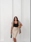 Arkadan yırtmaçlı kalem etek bej - 3