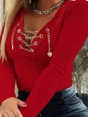 MDB Kadın Uzun Kollu V çapraz Zincir Detaylı Kaşkorse Bluz thumbnail 3