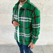 Erkek Ekose Desenli Düğmeli Polar Yakalı Uzun Kollu Gömlek Oversize Rahat Kalıp - Yeşil thumbnail 4