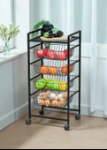 DEKORATİF SİYAH METAL SEBZELİK TEKERLEKLİ 4 RAFLI TEL SEPETLİ ÇOK AMAÇLI STAND thumbnail 6