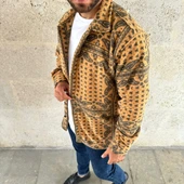 Erkek Desenli Düğmeli Polar Gömlek – Hardal Paisley Desen Yakalı, Uzun Kollu, Oversize Rahat Kalıp - Sarı thumbnail 4