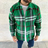 Erkek Ekose Desenli Düğmeli Polar Yakalı Uzun Kollu Gömlek Oversize Rahat Kalıp - Yeşil thumbnail 2