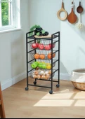 DEKORATİF SİYAH METAL SEBZELİK TEKERLEKLİ 4 RAFLI TEL SEPETLİ ÇOK AMAÇLI STAND thumbnail 8