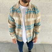 Erkek Desenli Polar Gömlek – Etnik Şerit Desen Yakalı, Uzun Kollu, Düğmeli, Oversize Rahat Kalıp - Sarı thumbnail 2