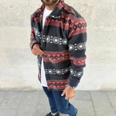 Erkek Desenli Polar Gömlek – Etnik Şerit Desen Yakalı, Uzun Kollu, Düğmeli, Oversize Rahat Kalıp - Füme thumbnail 3