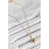 316L Çelik Zirkon Taşlı Kutup Yıldızı Model Gold Renk Kadın Kolye Vice-5353 - 2