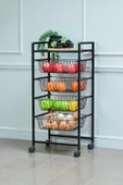 DEKORATİF SİYAH METAL SEBZELİK TEKERLEKLİ 4 RAFLI TEL SEPETLİ ÇOK AMAÇLI STAND thumbnail 7