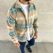 Erkek Desenli Polar Gömlek – Etnik Şerit Desen Yakalı, Uzun Kollu, Düğmeli, Oversize Rahat Kalıp - Sarı thumbnail 3