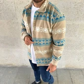 Erkek Desenli Polar Gömlek – Etnik Şerit Desen Yakalı, Uzun Kollu, Düğmeli, Oversize Rahat Kalıp - Sarı thumbnail 4