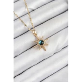 316L Çelik Zirkon Taşlı Kutup Yıldızı Model Gold Renk Kadın Kolye Vice-5353 - 1