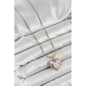 316L Çelik Zincir Mor Sanatsal Portre İnci Detaylı Papatya Figürlü Kalp Model Gold Renk Kadın Kolye Vice-5353 - 2