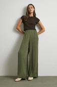 Beli Lastikli Dökümlü Geniş Paça Pantolon Haki thumbnail 4